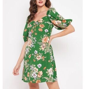 Women’s Sim and Sam green floral puff sleeve linen blend dress Medium